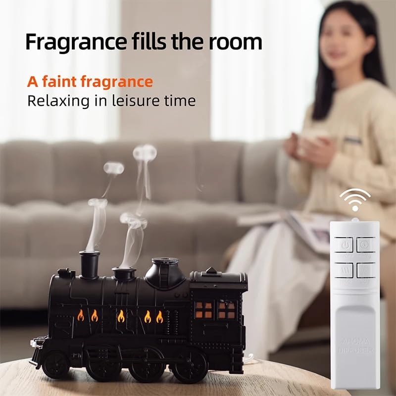 Black train aroma diffuser with remote in a cozy room