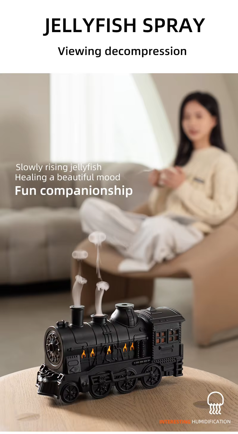 Black train aroma diffuser in a relaxing room scene