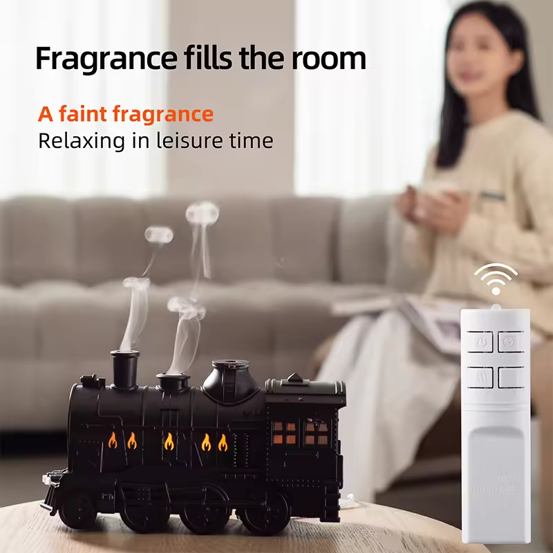 Black train aroma diffuser with remote in a room